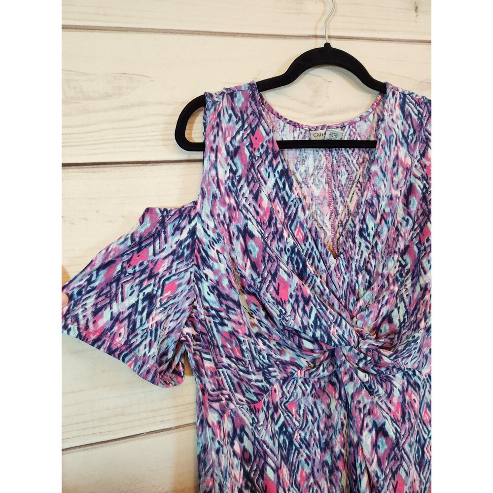 Catherines Women's Purple Geometric‎ Cold Shoulder Gathered V-Neck Maxi Dress 0X - Picture 2 of 6